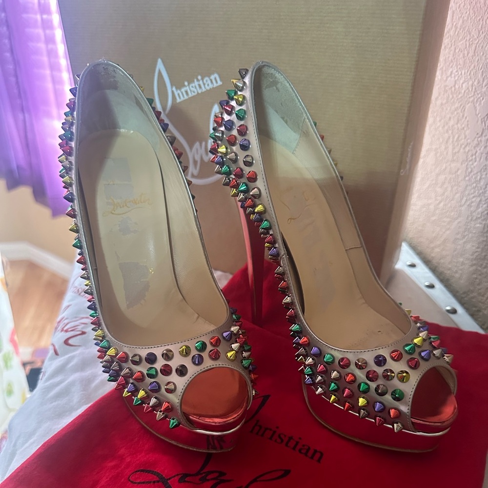 Christian Louboutin Lady Peep Spikes 150 Specchio Platform Heels